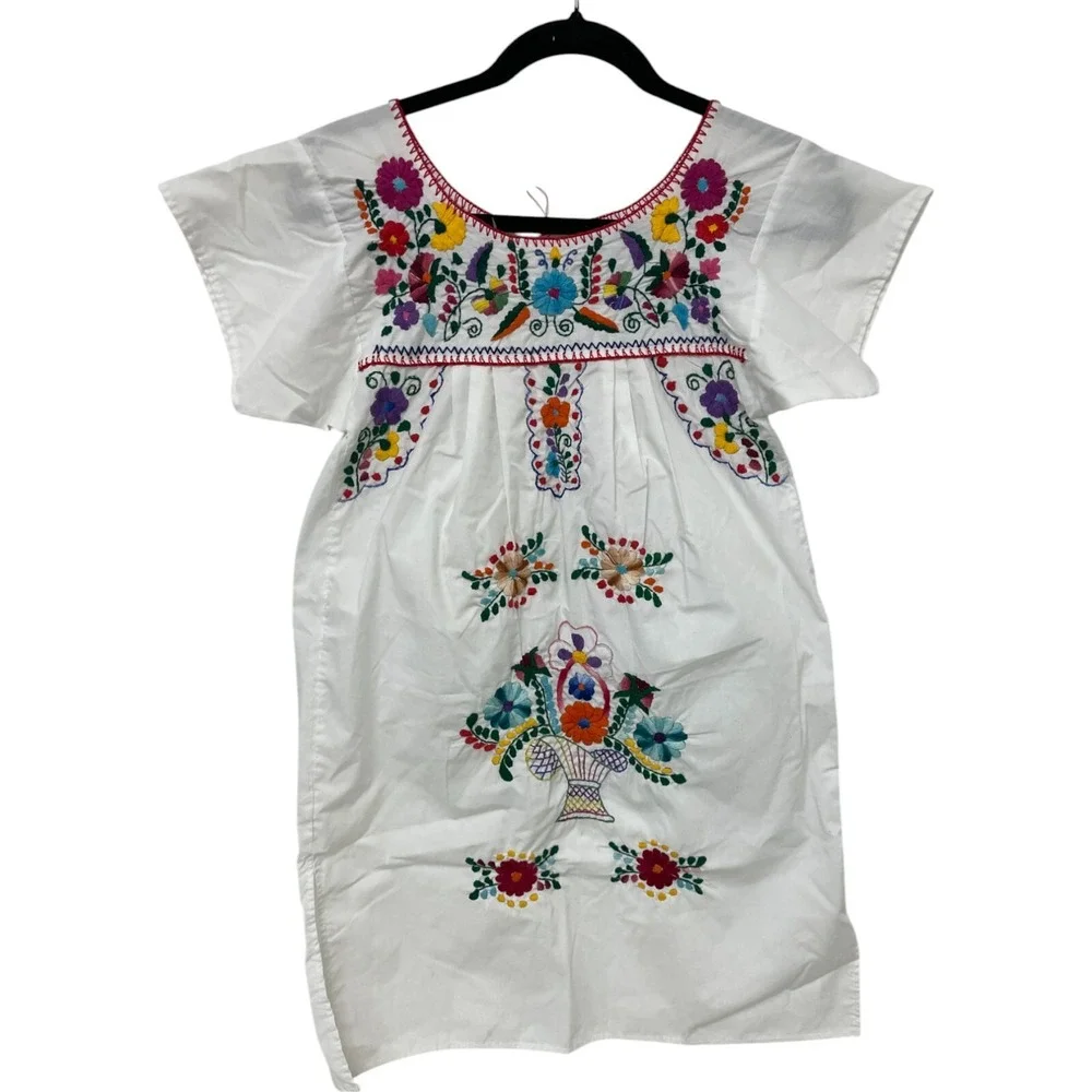 Vtg Girls Mexican Dress Embroidered Floral‎ Pleated Round Neck Short Sleeve Boho